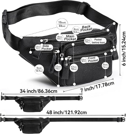 Leather Waist Bag Multiple Pockets Fanny Pack for Women Men Daily Life and Travel Outdoor