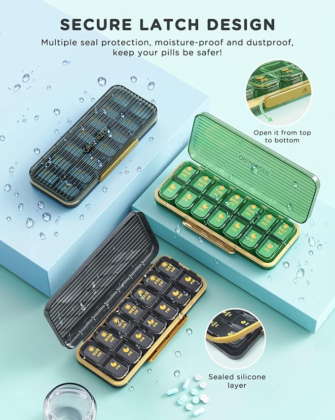 Pill Organizer 2 Times A Day, 7 Day Am Pm Pill Box - Acedada Weekly Pill Organizer with Separate Container, Portable Daily Medicine Planner Dispenser Case for Vitamin, Fish Oils, Supplements, Green