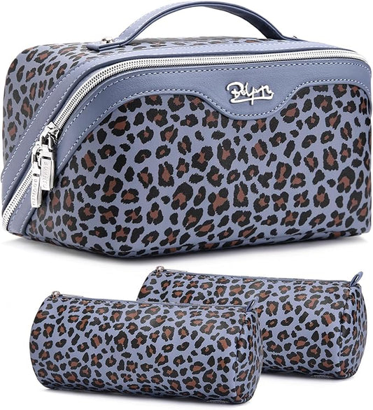 BOYATU Travel Makeup Bag for Women: 3 Pcs Set Portable Make up Bags with Handle - Leopard Print Cosmetic Bags with Comparments - Waterproof Vegan Leather Toiletry Bag (08-Light Blue)