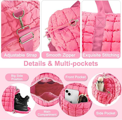 Quilted Travel Duffle Bag Gym Bag for Women,Large Puffer Duffle Weekender Bag with Compartment,Workout Overnight Carry on Organizer Bag Duffle Bag for Airplane Travel(L-Pink)