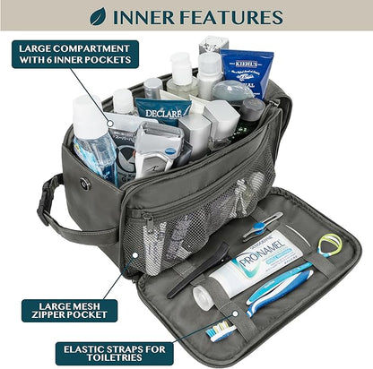 PAVILIA Toiletry Bag for Men, Travel Essentials Shaving Dopp Kit, Mens Travel Bag Toiletries Organizer Case for Grooming, PU Leather Water Resistant Cosmetic Bag Pouch (XL, Dark Grey)