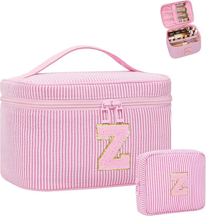 MONSTINA Personalized Initial Makeup Bag with Brush Holder and Divider for Women,Make Up Case for Girlfriend Bridesmaid Wife,Birthday Gift for Her Cute Toiletry Bag,2PCS,Pink Z