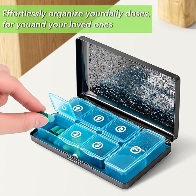 Pill Organizer, Pill Box 7 Day/Metal Travel Pill Case, BPA Free. (Black)