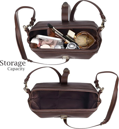 Premium Leather Cosmetic Bag for Women – Large Capacity Travel Makeup Organizer Pouch with Handle & Shoulder Strap, Vanity Makeup Case, Durable Leather Bag & Cosmetic Organizer For Travel - Brown