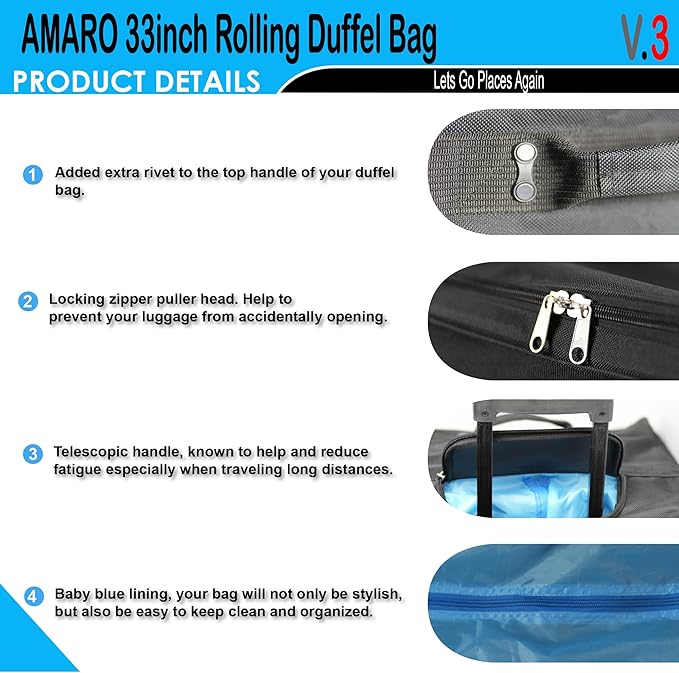 33" Rolling Duffle Bag with Wheels and Handle - Multiple Compartments/Compression Straps With Buckles Balck/Gray trim Large