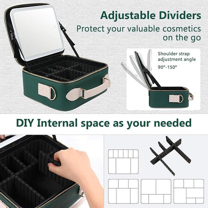 Travel Makeup Bag with Mirror of LED Lighted, Rechargeable Cosmetic Train Case Artist Makeup Organizer for Women with Adjustable Dividers, Makeup Brushes Holder and Strap (Green)