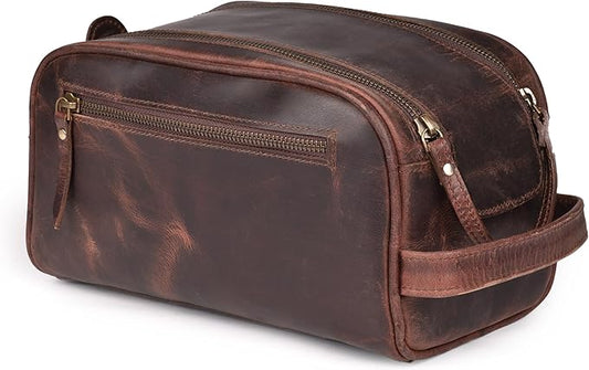 LEATHER VILLAGE Premium Leather Toiletry Travel Pouch With Waterproof Lining - Mulberry Brown | King-Size Handcrafted Vintage Dopp Kit Bag, Shaving & Bathroom Organizer, Gift for Men & Women