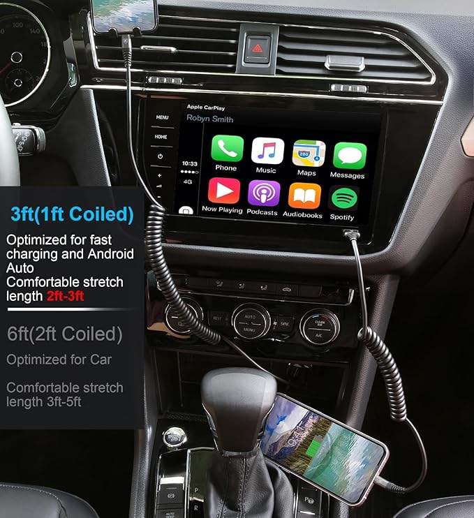 Coiled Lightning Cable, iPhone Charger Cable 3FT for Car, 2 Pack [Apple MFi Certified] 3 Feet Lightning Cord Compatible with iPhone14/13/12/11 Pro Max/XS MAX/XR/XS/X/8/7/Plus/6S iPad/iPod- Black