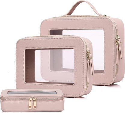 Pinkmik Clear Makeup Bag with Brush Bag 3pcs Waterproof Travel Case for Cosmetics and Toiletries Women's Makeup Organizer with Zipper (Pink, L+M+SLIM)