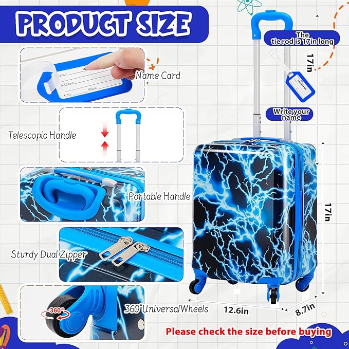 Redbaker 6 Pcs Kids Luggage Set 17 Inch Kids Rolling Luggage Double Pattern Suitcase for Girls Boys School Gift (Blue,17 Inch,Lightning Style)