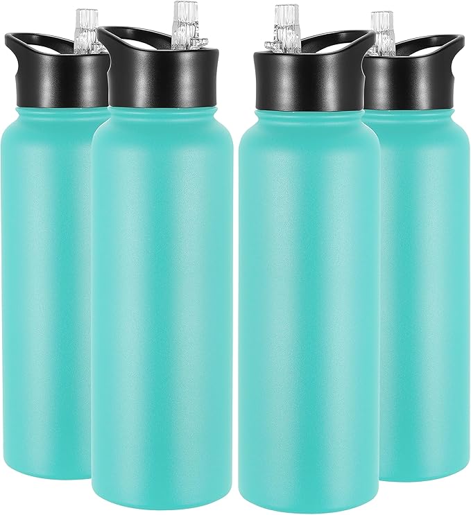 VEGOND 40 oz Insulated Water Bottle Bulk Stainless Steel Metal Water Bottles with Leak Proof Straw Lid & Spout Lid, Wide Mouth Double Walled Vacuum Travel Sports Bottle, 4 Pack