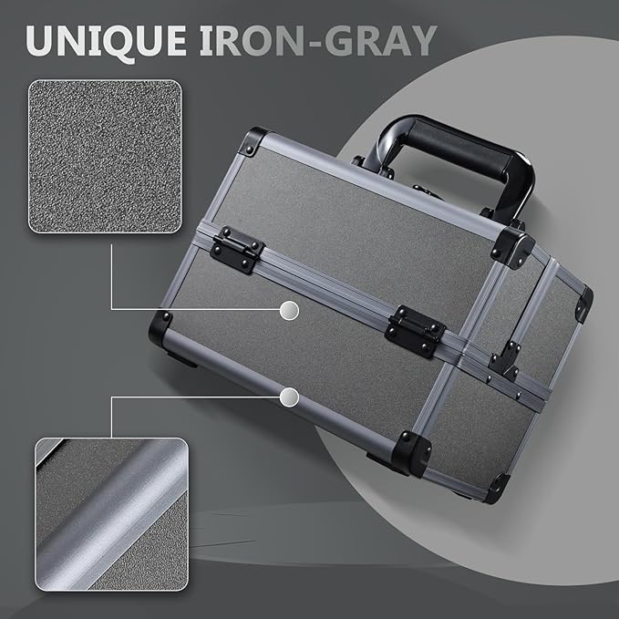 Joligrace Makeup Train Case Makeup Case Organizer Portable Cosmetic Box Storage with 2 Trays Mirror Locking with Keys Make Up Travel Case Nail Kits Traveling Makeup Box Iron Grey