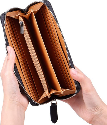 VISOUL Leather Long Zippered Pouch Wallet for Men with RFID Blocking Two-tone, Large Carbon Fiber Leather Clutch Cash Long Wallet with Zipper (Black+Tan)