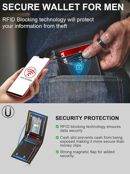 Wallet for Men Slim Leather Wallets for 13-17 Cards, RFID Blocking Thin Card Holder Wallet with ID Window & Large Capacity Cash Slot, Minimalist Bifold Small Wallet for Front Pocket, Gift for Men