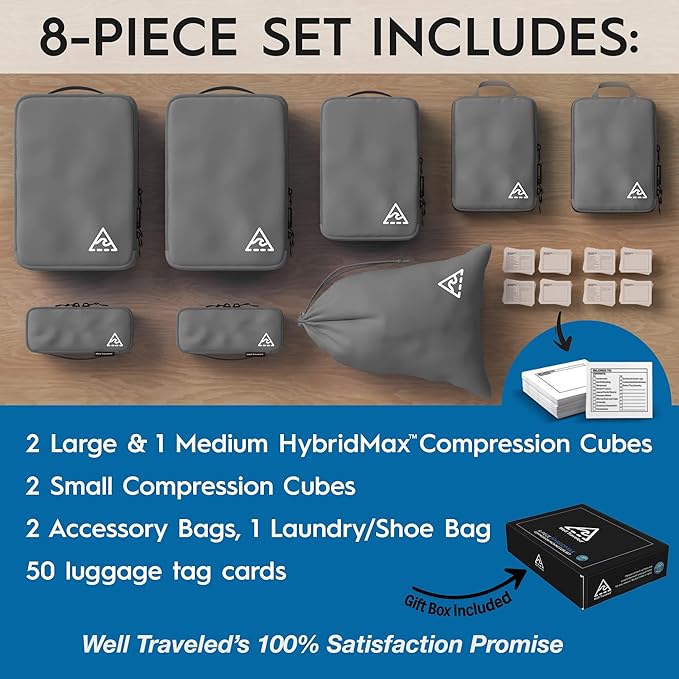 8-Piece Luxury Compression Packing Cubes & Bags for Travel – Maximize Space in Luggage with HybridMax Double-Capacity Design, 50 Luggage Tags, Deluxe Set, Lifetime Satisfaction Suitcase Organizer Bags