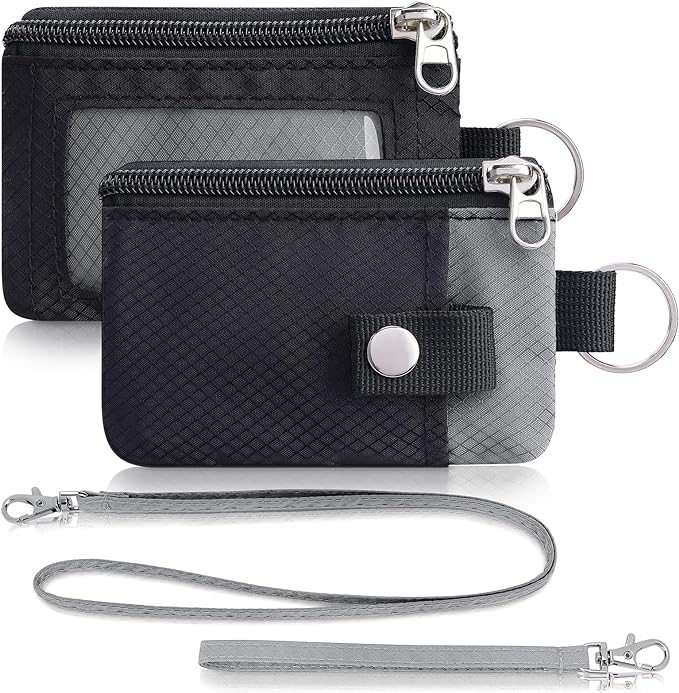 Minimalist Wallet For Mens Womens, Keychain RFID Blocking Zipper Small Wallet with ID Window 2 Lanyards,Water Resistant Travel Cash Card Coin Case Boys Girls