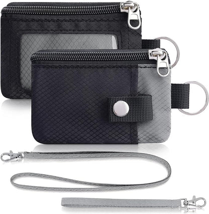Minimalist Wallet For Mens Womens, Keychain RFID Blocking Zipper Small Wallet with ID Window 2 Lanyards,Water Resistant Travel Cash Card Coin Case Boys Girls