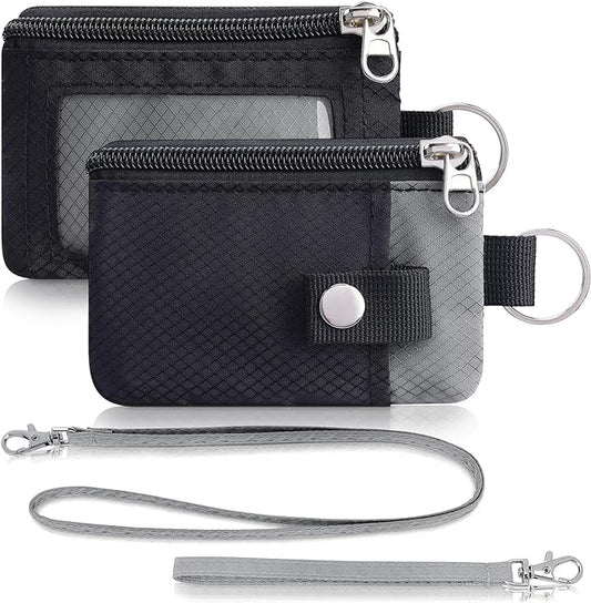 Minimalist Wallet For Mens Womens, Keychain RFID Blocking Zipper Small Wallet with ID Window 2 Lanyards,Water Resistant Travel Cash Card Coin Case Boys Girls