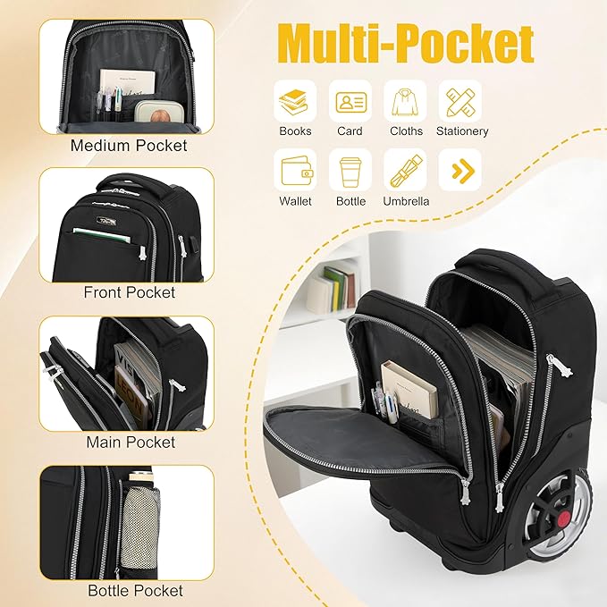 NEW TILAMI 19 Inch Rolling Backpack with Lunch Bag for Girls Boys Wheeled Laptop Backpack Durable Carry-on Bag School Travel, Pure Black