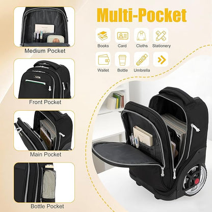 NEW TILAMI 19 Inch Rolling Backpack with Lunch Bag for Girls Boys Wheeled Laptop Backpack Durable Carry-on Bag School Travel, Pure Black