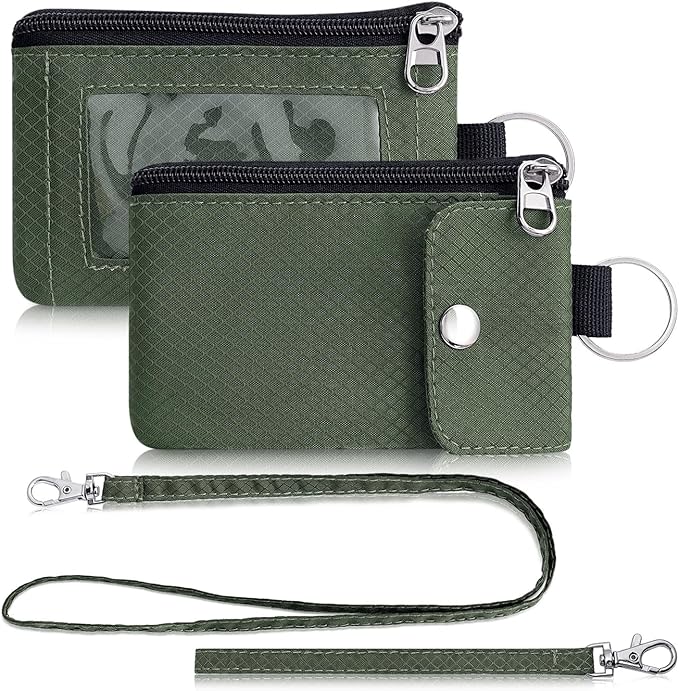 Minimalist Wallet For Mens Womens, Keychain RFID Blocking Zipper Small Wallet with ID Window 2 Lanyards,Water Resistant Travel Cash Card Coin Case Boys Girls