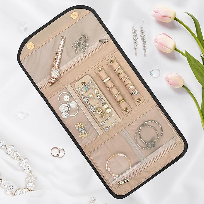 Pavilia Foldable Jewelry Organizer - Travel Roll Bag with Compartments for Earrings, Rings, Necklaces, Bracelets - Packing Accessory