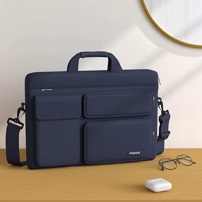 MOSISO Laptop Shoulder Bag 15.6 inch, 15-15.6 inch Computer Bag Compatible with MacBook Pro 16 inch, HP, Dell, Lenovo, Notebook with 2 Raised&1 Flapover&1 Horizontal Pocket&Handle&Belt, Navy Blue