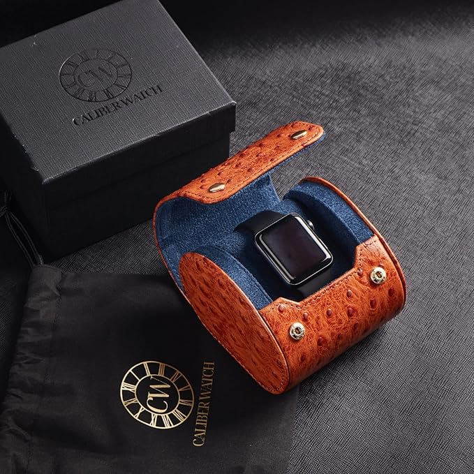 Genuine Napa Leather Watch Roll Travel Case - Travel Watch Rolls and Leather Watch Display Cases with Velvet Interior - Watch Storage Organizer Men's By CALIBERWATCH (Cognac - Single)