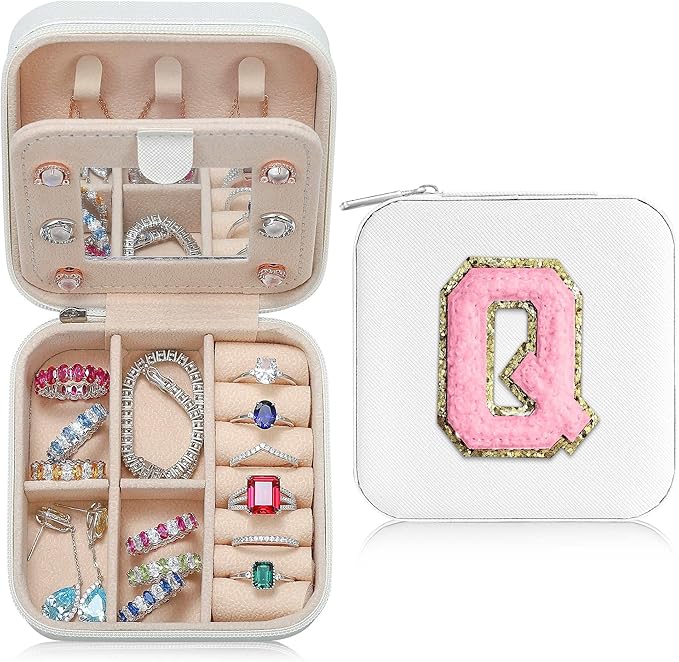 Parima Jewelry Organizer Box, Small Jewelry Box for Women Girls Initial Q Travel Jewelry Case Small Jewelry Organizer Box Travel Jewelry Case Jewelry Box Organizer - Letter Q, White
