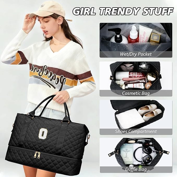 Gifts for Women Girls Birthday Christmas Initial Travel Duffle Bag Quilted Weekender Bags Carry-On Overnight with Cosmetic Bag, Hospital Bag for Women Labor Delivery, Black O
