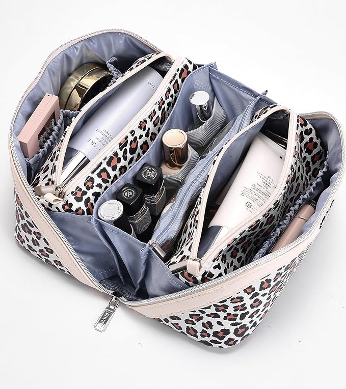 BOYATU Travel Makeup Bag for Women: 3 Pcs Set Portable Make up Bags with Handle - Leopard Print Cosmetic Bags with Comparments - Waterproof Vegan Leather Toiletry Bag (12-White)