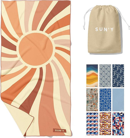 SUN'Y Waffle Microfiber Beach Towel – Sand Free, Quick Dry, Ultra Absorbent, Lightweight & Compact Travel Towel with Carry Bag - Large (63” x 31.5”), Rays