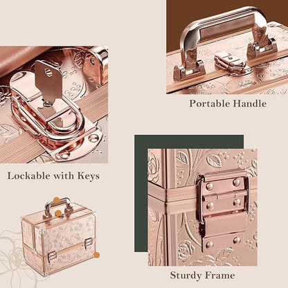 FRENESSA Makeup Case 11.8 Inch Makeup Organizer Case Large Cosmetic Box with Mirror Portable 3 Trays Travel Storage Box for Make Up Nail Tech Kits Cosmetology Case 3D Rose Gold Floral