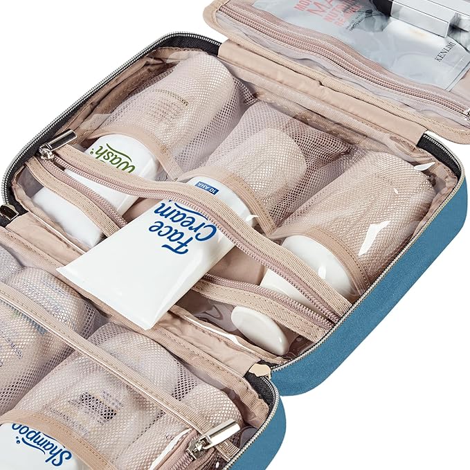 NISHEL Travel Toiletry Bag for women, Portable Hanging Organizer for Travel-Sized Shampoo, Conditioner, Brushes Set, Makeup Accessories, Medium Size, Lake-Blue