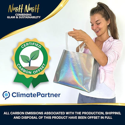 Nush Nush Iridescent Large Gift Bags Bulk - Set of 60 Holographic Reusable Gift Bags with Handles - Ideal Goodie Bag for Small Business, Parties and Events, Christmas Gifts, Thanksgiving- 13x5x11