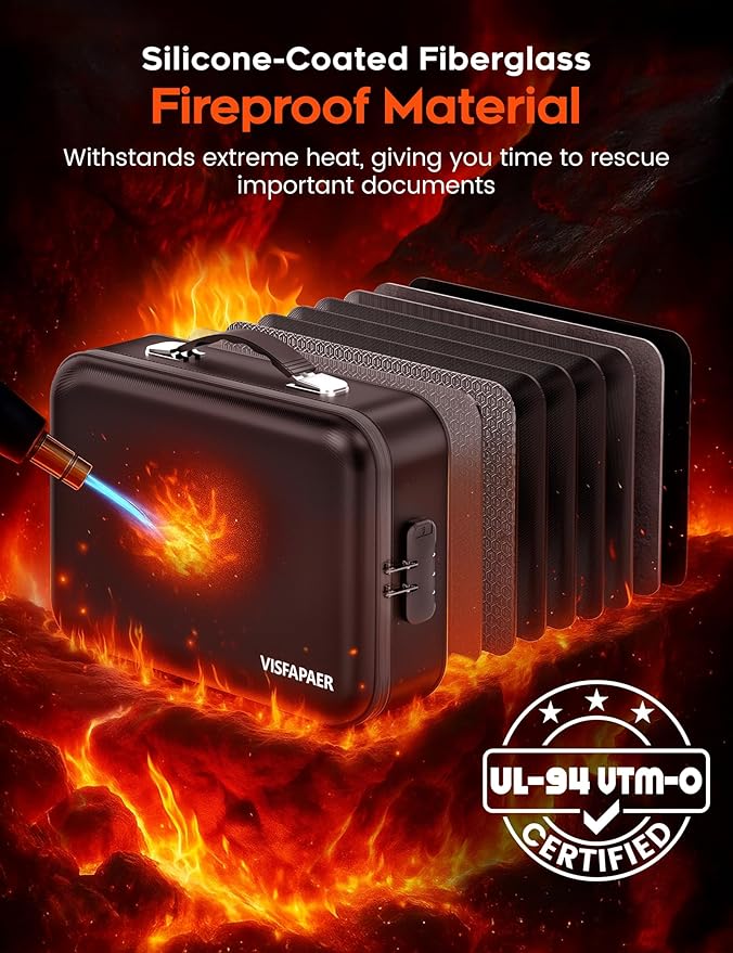 Fireproof Document Box with Lock, Waterproof Hard Shell File Organizer with 13 Pocket Accordion Folder for Important Documents, Laptop, Passports, Portable Home Office Travel Safe Box