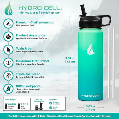 HYDRO CELL Stainless Steel Insulated Water Bottle with Straw - For Cold & Hot Drinks - Metal Vacuum Flask with Screw Cap and Modern Leakproof Sport Thermos for Adults (Mint/Green 24oz)