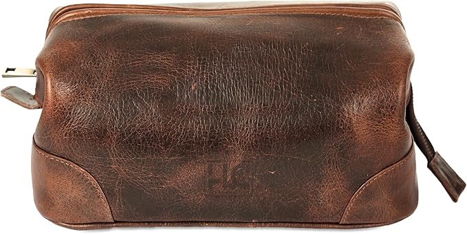 HLC Leather Toiletry Bag for Men Best Gift Premium Genuine Leather Dopp Kit Shaving Kit Organizer Travel Kit Pouch Bag for Men Large Size (Brown)