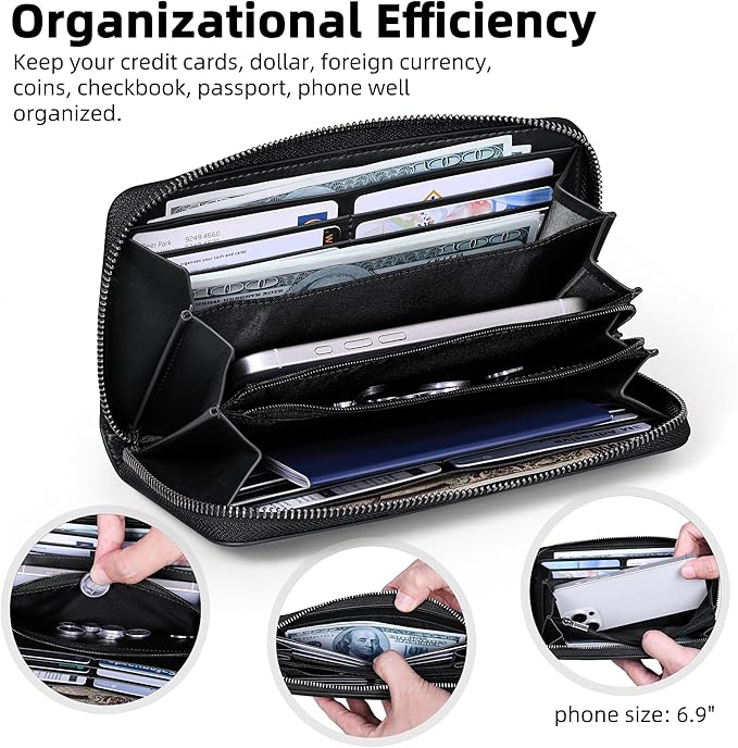 VISOUL Leather Long Zipper Pouch Wallet for Men and Women with RFID Blocking, Large Clutch Cash Long Wallet with Zipper (Black)