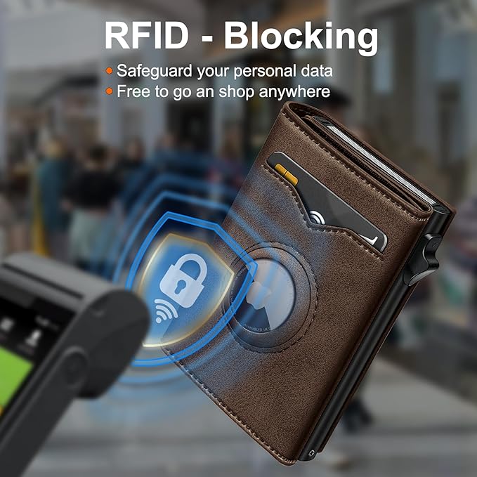 Airtag Wallet for Men,with Cash Pocket 2 ID Window 9-12 Cards,Metal Case Smart Slim Pop Up Credit Card Holder Flip with Magnetic Closure RFID Blocking Trifold wallet with Gift Box