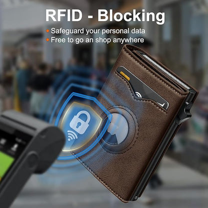 Airtag Wallet for Men,with Cash Pocket 2 ID Window 9-12 Cards,Metal Case Smart Slim Pop Up Credit Card Holder Flip with Magnetic Closure RFID Blocking Trifold wallet with Gift Box