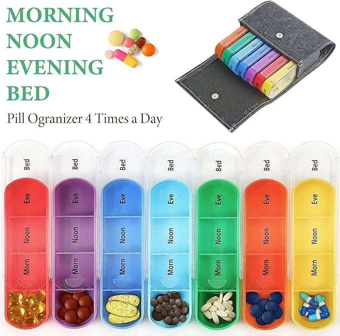 Pill Organizer,LIZIMANDU Weekly Travel Pill Case Box Medication Reminder Daily AM PM, Day Night 7 Compartments,for 4 Times A Day, 7 Days a Week-Includes Leather PU Carrying Case(1-Carved Black2)