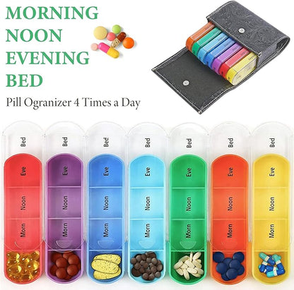 Pill Organizer,LIZIMANDU Weekly Travel Pill Case Box Medication Reminder Daily AM PM, Day Night 7 Compartments,for 4 Times A Day, 7 Days a Week-Includes Leather PU Carrying Case(1-Carved Black2)