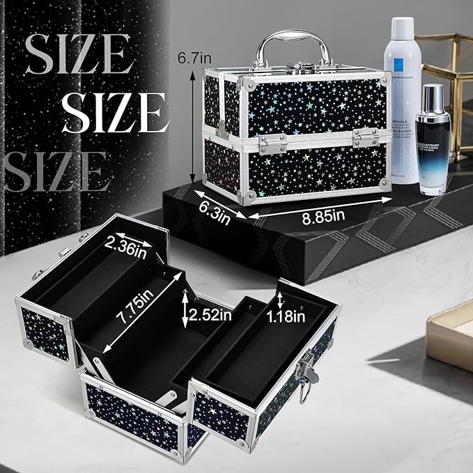 FRENESSA Makeup Train Case 8.85 Inch Portable Makeup Case Organizer Cosmetic Box Make Up Box Makeup Organizer Cosmetic Storage Cases with Locking Nail Kit Organizer Small Travel Case Shiny Star