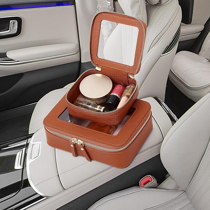 Pinkmik Clear Makeup Bag Waterproof Travel Case for Cosmetics and Toiletries Women's Purse Organizer and Clear Car Bag with Zipper (X/Brown, M+MINI)