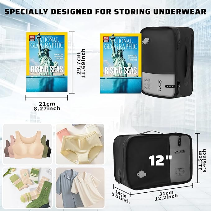 ONTYZZ Travel Vacuum Compression Bags 12 inch Space Saver Bags Vacuum Travel Case with IP67 Waterproof Zipper for Socks, Underwear, Two Bag Black