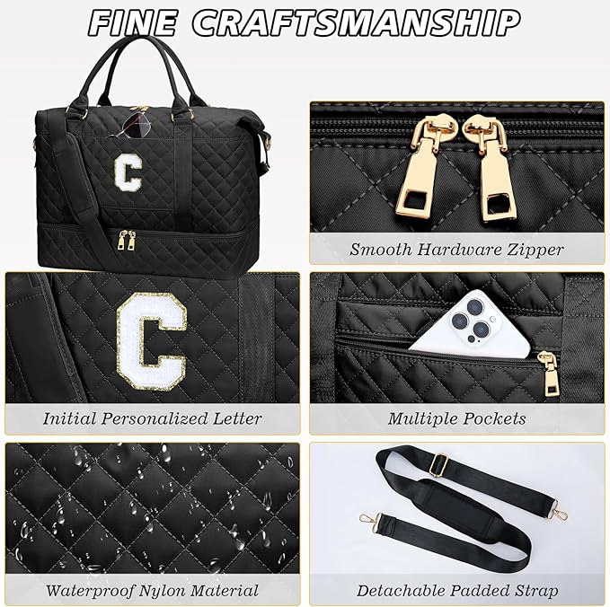 Gifts for Women Girls Initial Travel Duffle Bag Quilted Weekender Carry-On Overnight with Cosmetic Bag, Gym Bag, Black C