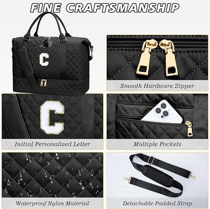 Gifts for Women Girls Initial Travel Duffle Bag Quilted Weekender Carry-On Overnight with Cosmetic Bag, Gym Bag, Black C