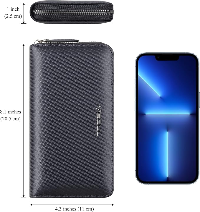 VISOUL Leather Long Zippered Pouch Wallet for Men with RFID Blocking Two-tone, Large Carbon Fiber Leather Clutch Cash Long Wallet with Zipper (Black+Tan)