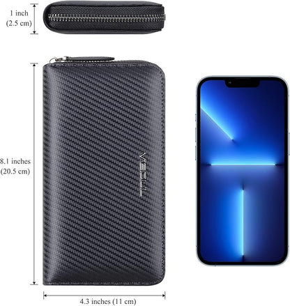 VISOUL Leather Long Zippered Pouch Wallet for Men with RFID Blocking Two-tone, Large Carbon Fiber Leather Clutch Cash Long Wallet with Zipper (Black+Tan)